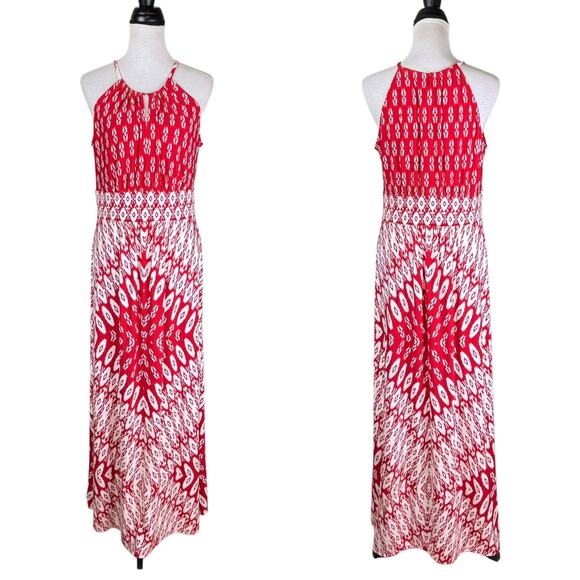 London Times Red White Print Slinky Travel Knit Sleeveless Halter Maxi Dress - Picture 1 of 9